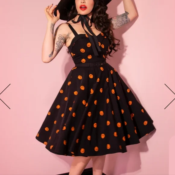 Pumpkin King Maneater Swing Dress in Black And Orange - Vixen by Micheline Pitt - Picture 1 of 8